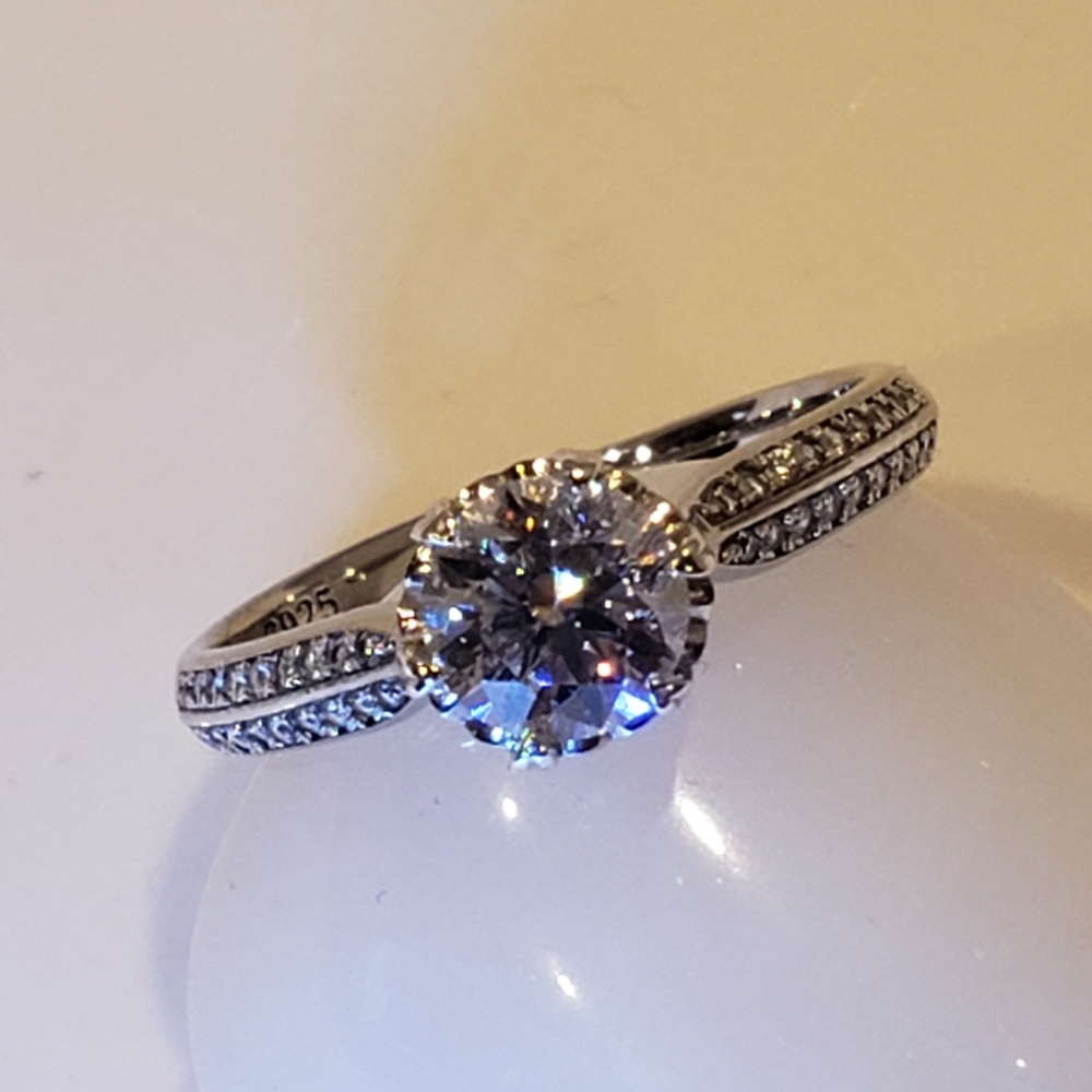 New Moissanite Gold on 925 Sterling Silver Solitaire Ring, Pave Band, 18K Gold